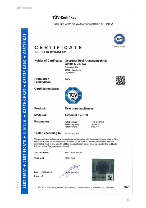 Testomat EVO TH, offizielle TÜV-Bescheinigung mit Prüfnummer sichtbar, 24 VAC / 50-60 Hz
