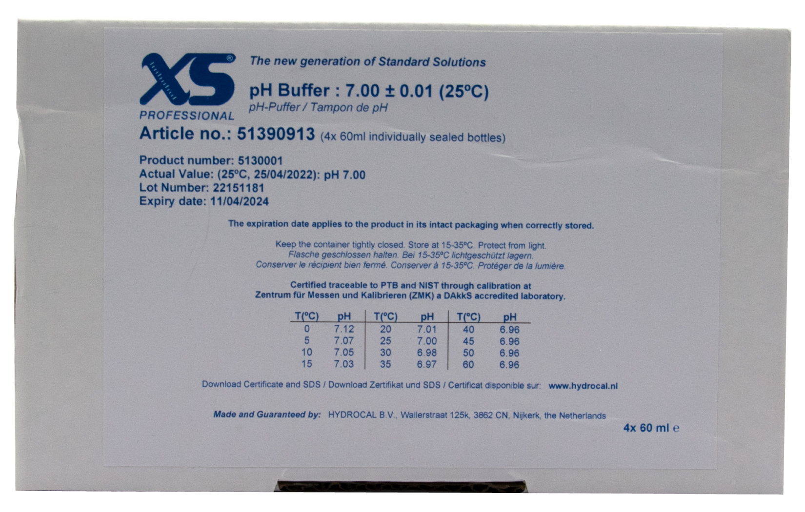 XS Professional pH 7.00 (±0,01pH @25°C) - 4x 60ml pH Pufferlösung mit DAkkS Zertifikat