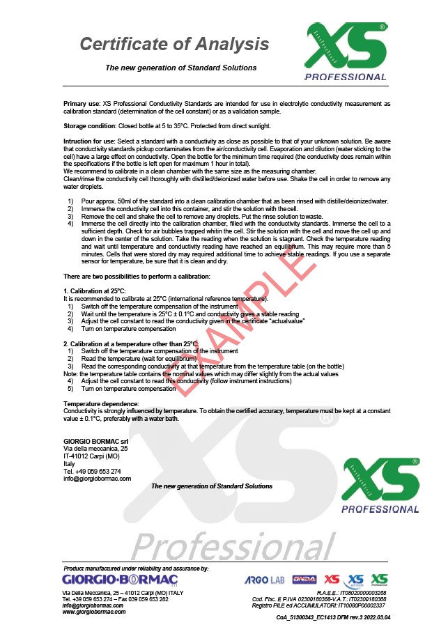 XS Professional 1413µS/cm - 250ml Leitfähigkeitskalibrierlösung mit DFM Zertifikat