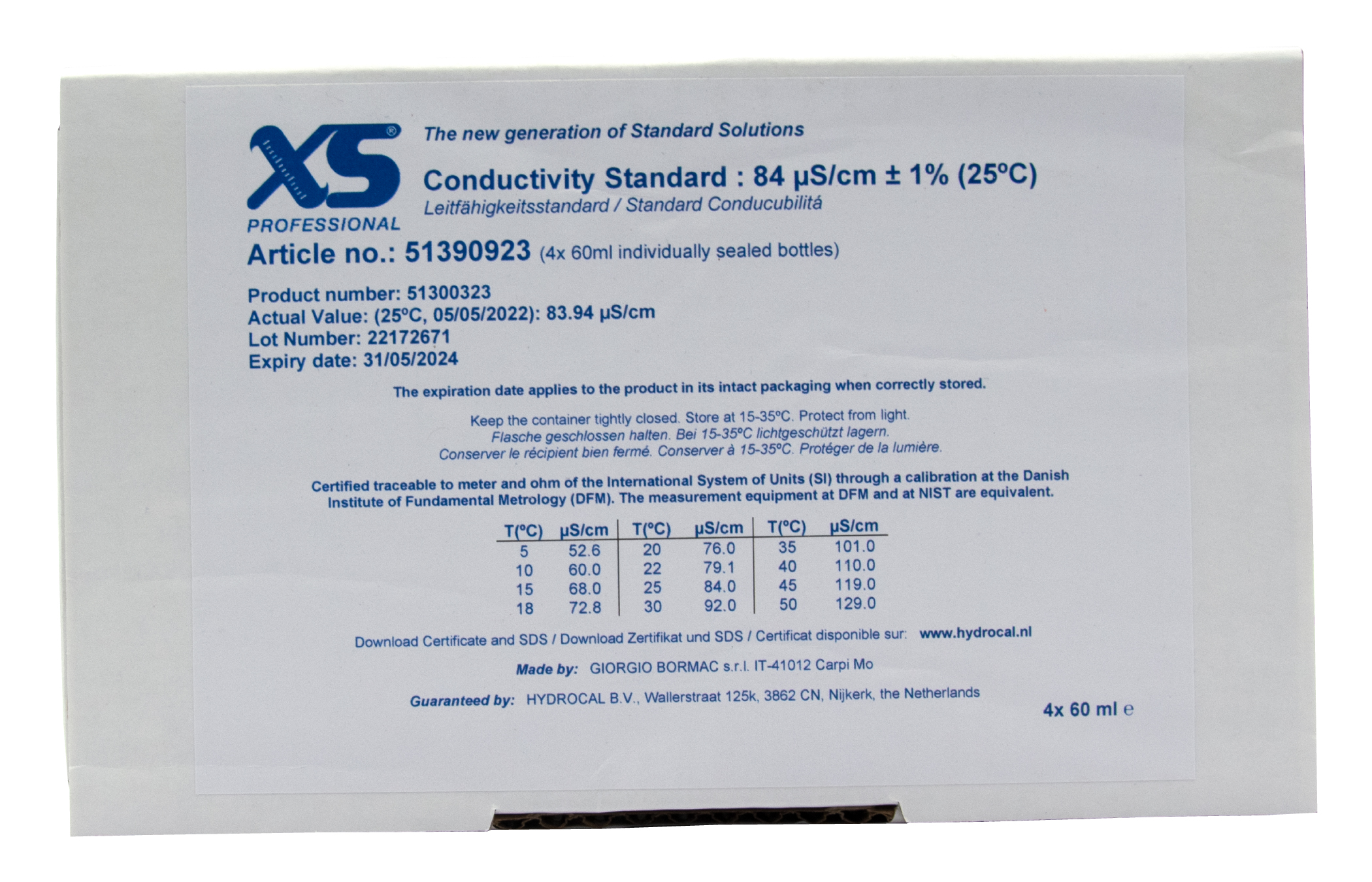 XS Professional 84µS/cm - 4x 60ml Leitfähigkeitskalibrierlösung mit DFM Zertifikat