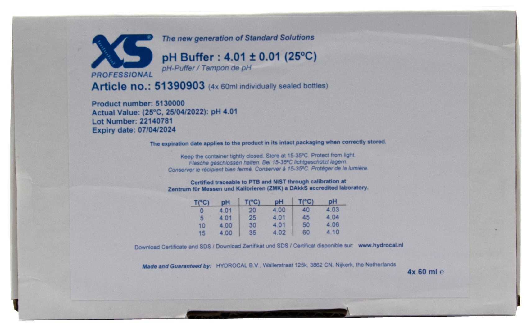 XS Professional pH 4.01 (±0,01pH @25°C) - 4x 60ml pH Pufferlösung mit DAkkS Zertifikat