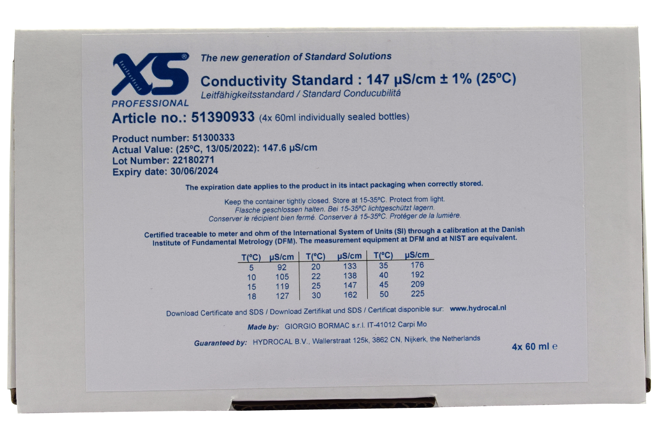 XS Professional 147µS/cm - 4x 60ml Leitfähigkeitskalibrierlösung mit DFM Zertifikat