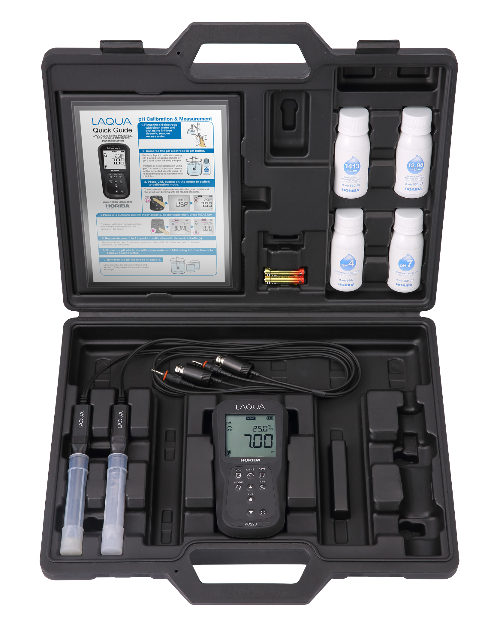 Horiba LAQUA PC220-Kit pH, Redox, Leitwert, TDS, Salz, Widerstand und Temperatur Hand Messgerät mit GLP Datenspeicherung und Druckerfunktion im Analysen-Koffer offenes LAQUA PC220 Kit mit Messgerät und Flüssigkeiten