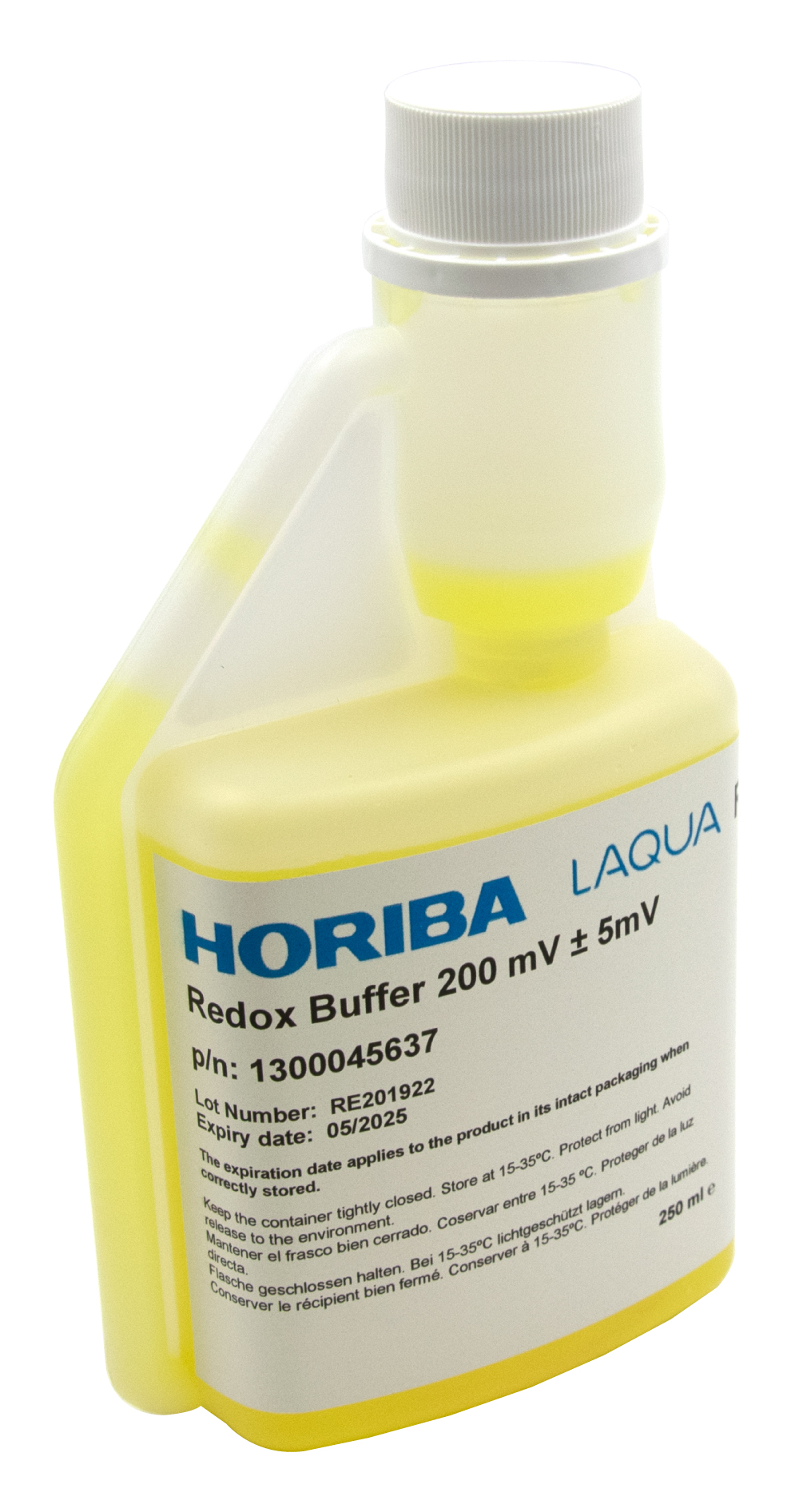 HORIBA Redox 200mV (±5mV @25°C) Pufferlösung 250ml (250-ORP-200) HORIBA Redox 200mV Pufferlösung 250ml, Schräge Ansicht der Hygieneflasche, sichere Kalibrierlösung, ORP-Elektroden-Kalibrierung, hochwertige Messlösung