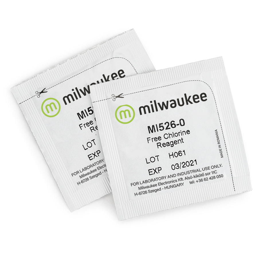 Milwaukee Mi526-25 Pulverreagenzien für den digitalen freies Chlor Tester (25 Stück) Milwaukee Mi526-25 Pulverreagenzien Packung, Frontansicht mit Produktname und Menge, 25 Beutel sichtbar, Reagenzien für digitalen freien Chlor Tester