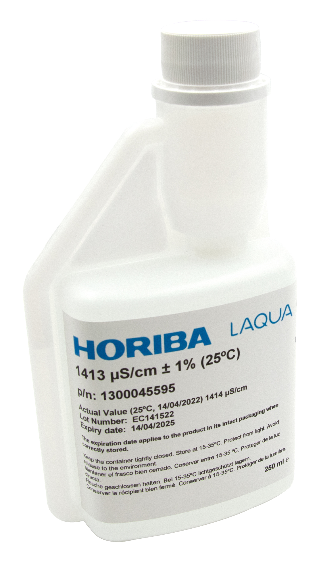 HORIBA 1413 μS/cm Leitfähigkeitskalibrierlösung 250ml (250-EC-1413) HORIBA Leitfähigkeitspuffer 1413 µS/cm Flasche seitlich hygienisch abfüllbereit