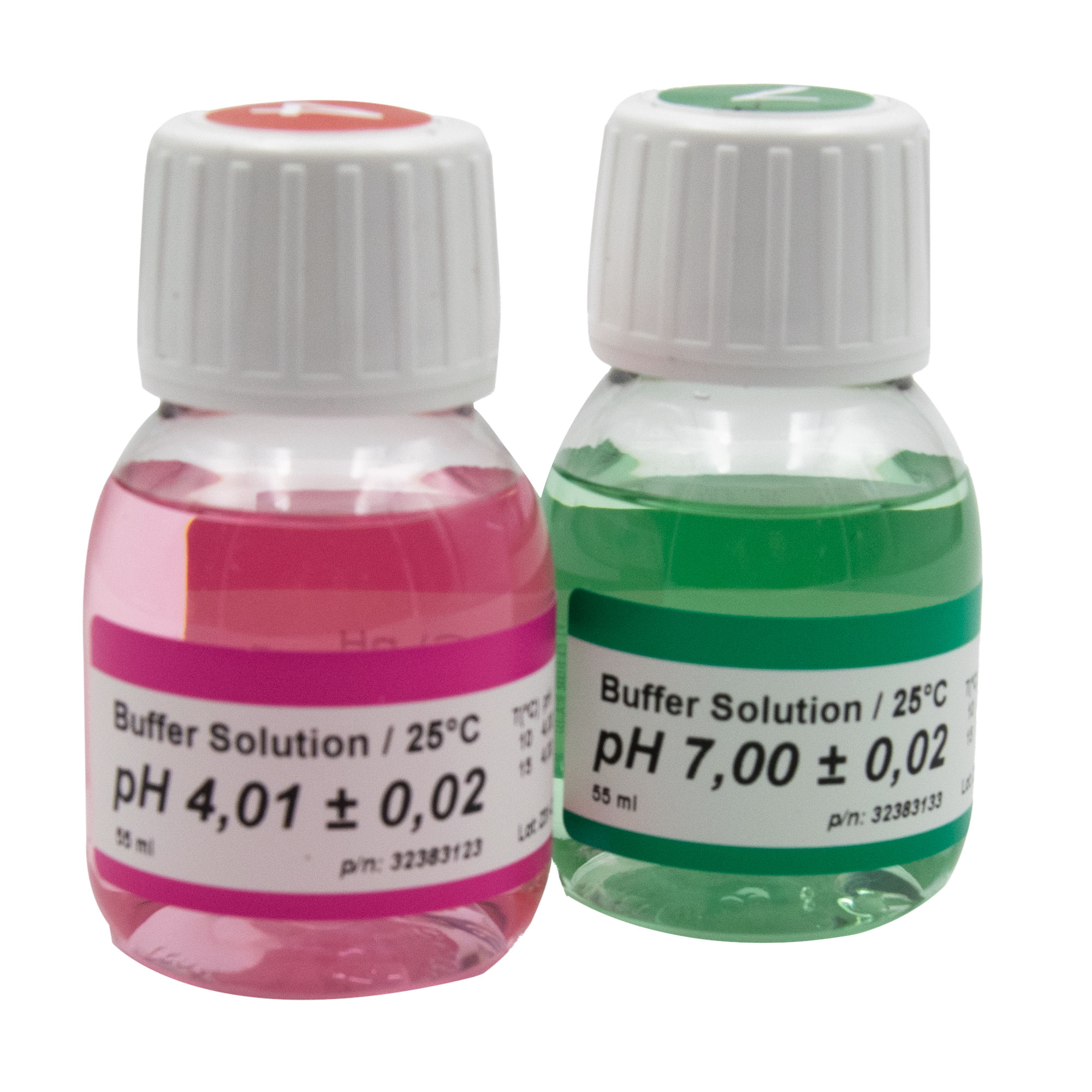 Zwei 50ml Pufferlösungen in pink und grün, Etiketten gut lesbar