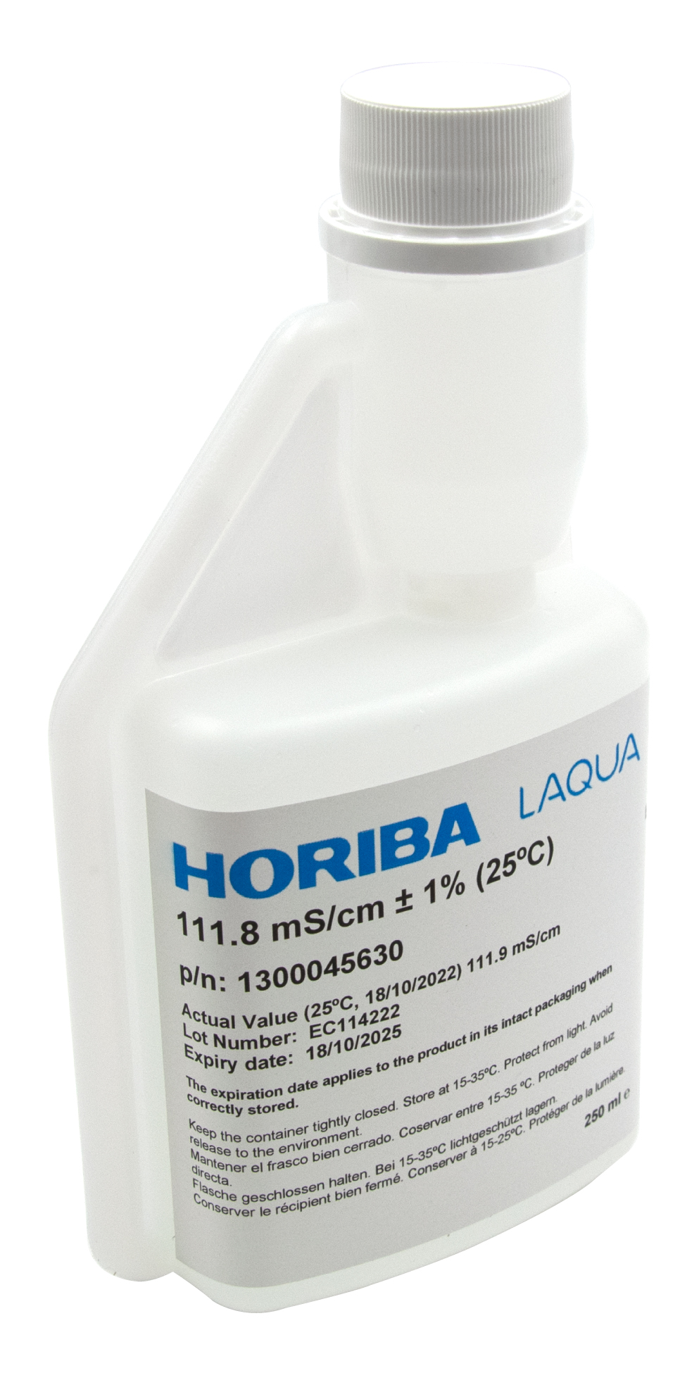 HORIBA 111.8 mS/cm Leitfähigkeitskalibrierlösung 250ml (250-EC-1118) HORIBA 111.8 mS/cm Leitfähigkeitskalibrierlösung 250 ml Flasche Frontansicht, mit Etikett und Produktdetails