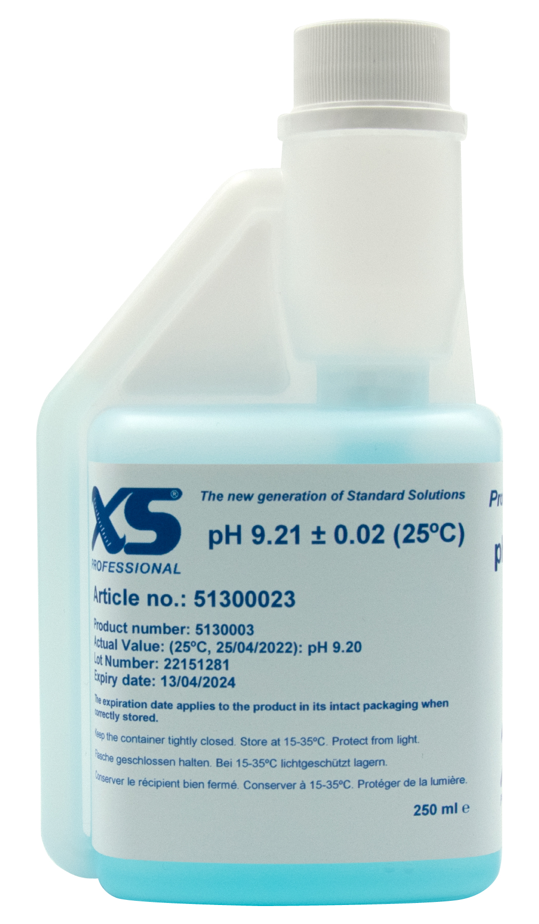 XS Professional pH 9.21 (±0,01pH @25°C) - 250ml pH Pufferlösung mit DAkkS Zertifikat pH 9.21 (±0,01pH @25°C) - 250ml pH Pufferlösung  türkis, vordere Ansicht