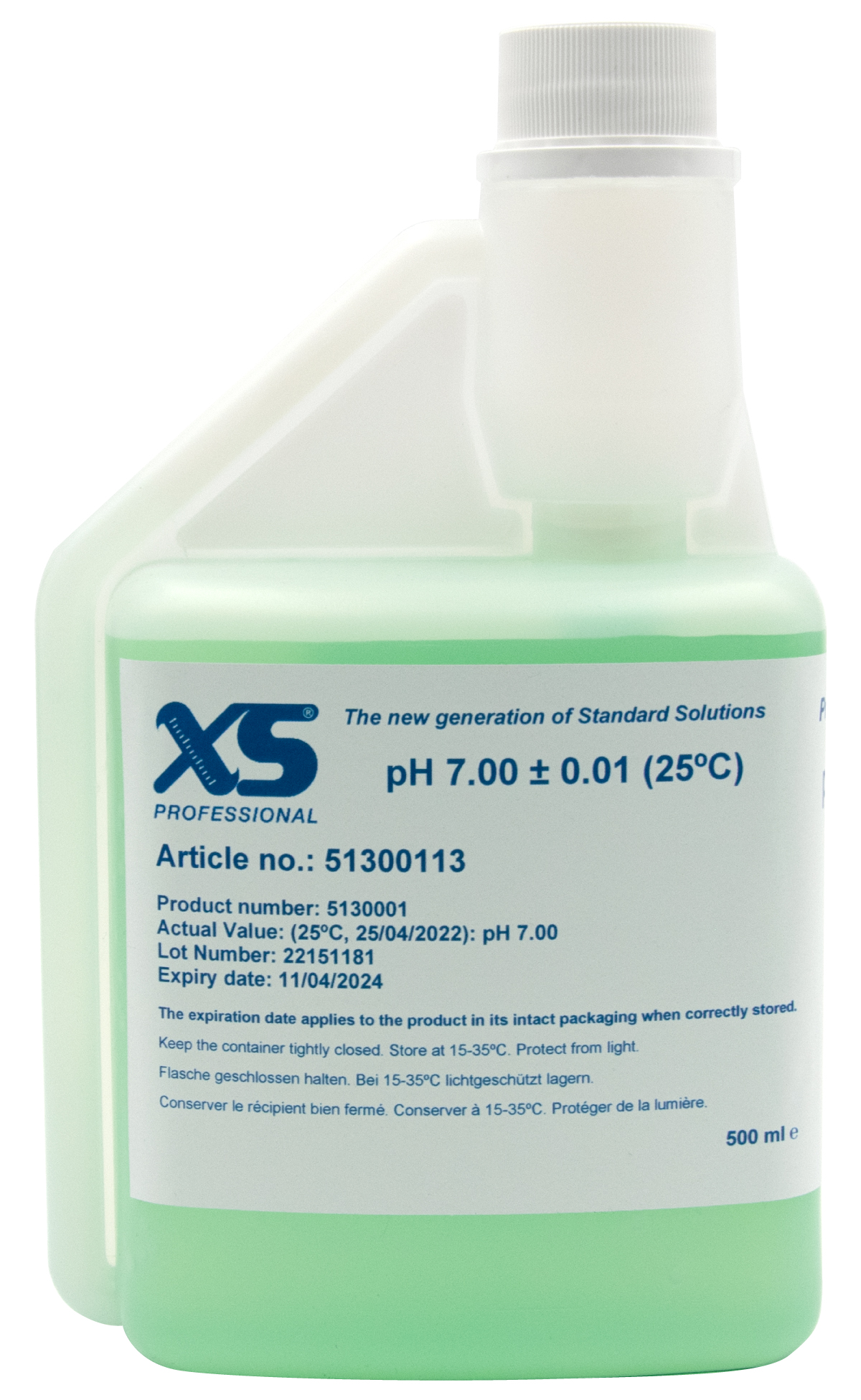 XS Professional pH 7.00 (±0,01pH @25°C) - 500ml pH Pufferlösung mit DAkkS Zertifikat XS Professional pH 7.00, Frontansicht der 500ml Pufferlösung, mit DAkkS Kalibrierzertifikat