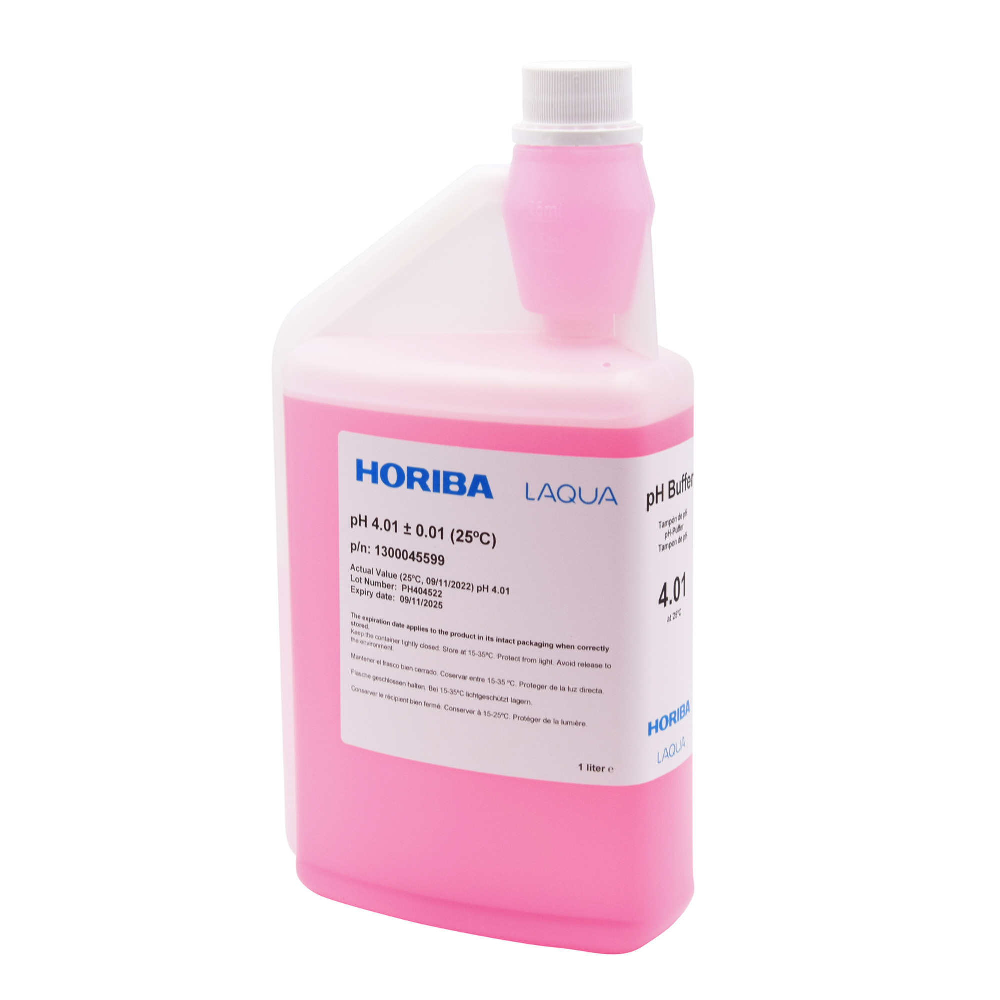 HORIBA pH 4.01 (±0,01pH @25°C) Pufferlösung 1000ml (1000-PH-4) HORIBA pH 4.01 Pufferlösung 1000 ml rosa Flüssigkeit, seitliche Etikettansicht, Hygieneschlauchverschluss