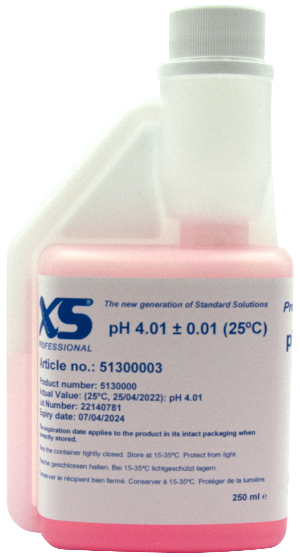 XS Professional pH 4.01 (±0,01pH @25°C) - 250ml pH Pufferlösung mit DAkkS Zertifikat pH 4.01 Pufferlösung XS, vordere Ansicht
