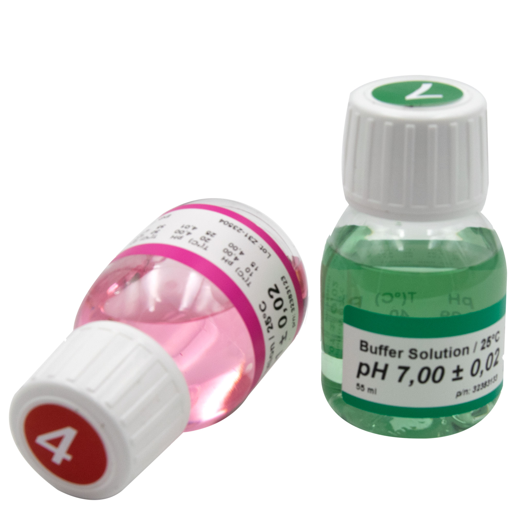 Zwei Pufferlösungen mit je 50 ml in pink und grün. Die pinke Flasche liegt und die grüne steht