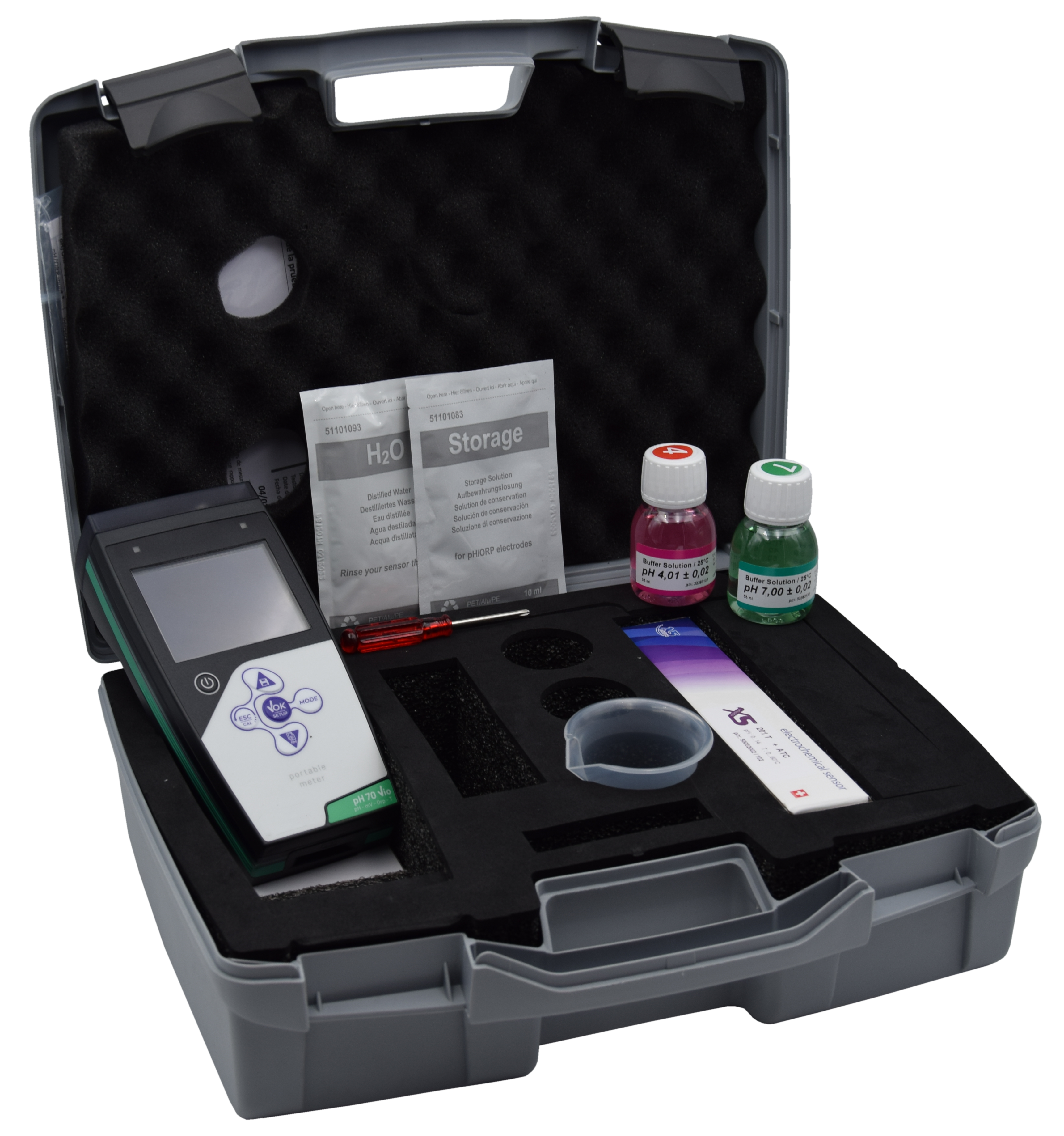 Tragbarer schwarzer Koffer mit Inhalt Ansicht. Lösungen und Geräte