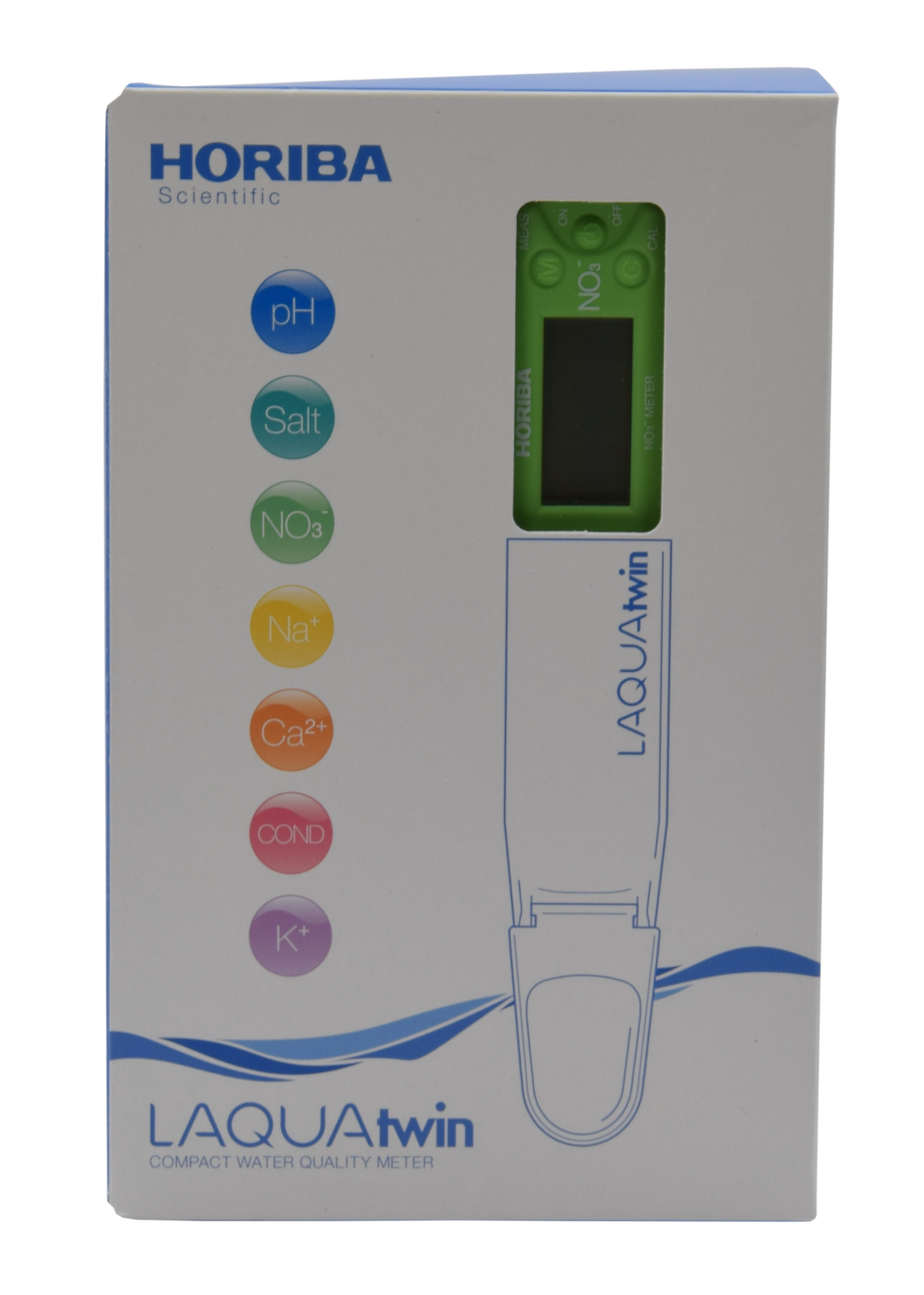 Horiba NO3 11 Tester Verkaufsverpackung, Blisterverpackung mit Sichtfenster gibt Blick auf das Gerät frei, Gerätefront und Display erkennbar, ideal für den Einzelhandel